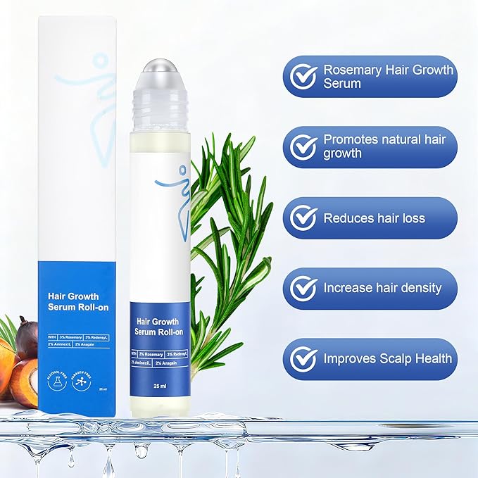 Hair Growth Serum Roll-On (25ml) Powered by 3% Rosemary, 3% Redensyl & 2% Anagain, DHT Blocker for Stronger, Thicker Hair, Paraben, Sulfate-Free, Suitable for Men & Women