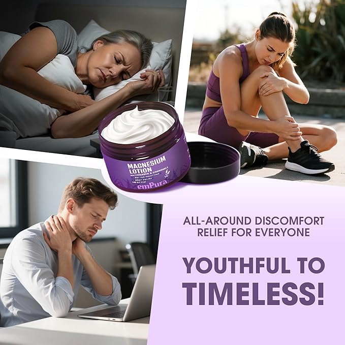 Lavender Magnesium Lotion, Nighttime Magnesium Cream with Chamomile, Shea Butter & Jojoba Oil - Muscle Relief & Relaxation for Legs, Arms, Feet - Christmas Gifts for Women (4oz)