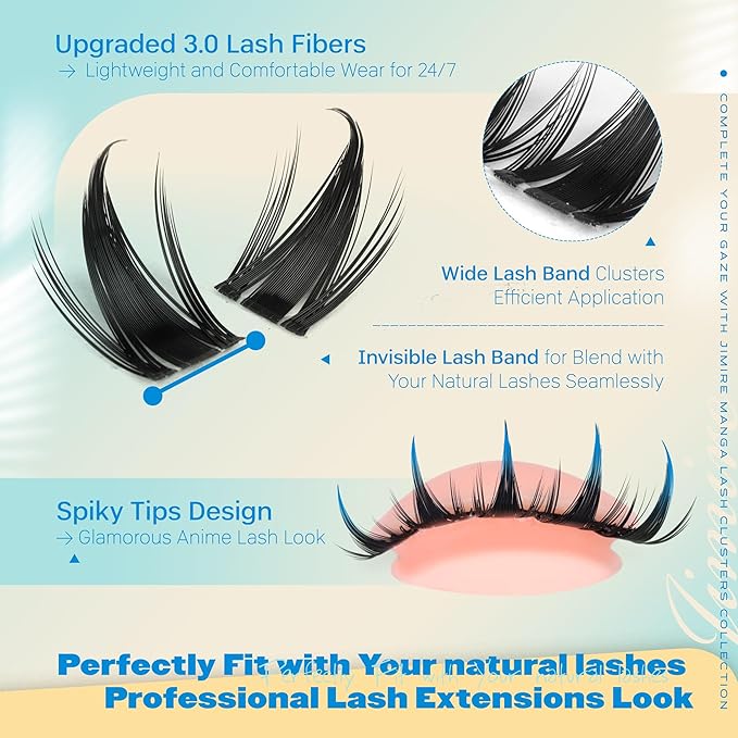 JIMIRE Fairy Lash Clusters Wispy Cluster Eyelash Extensions Manga Eyelash Clusters with Spikes 10-16MM Anime Cluster Lashes C-Curly Individual Lashes 110Pcs DIY Anime Lash Extensions at Home
