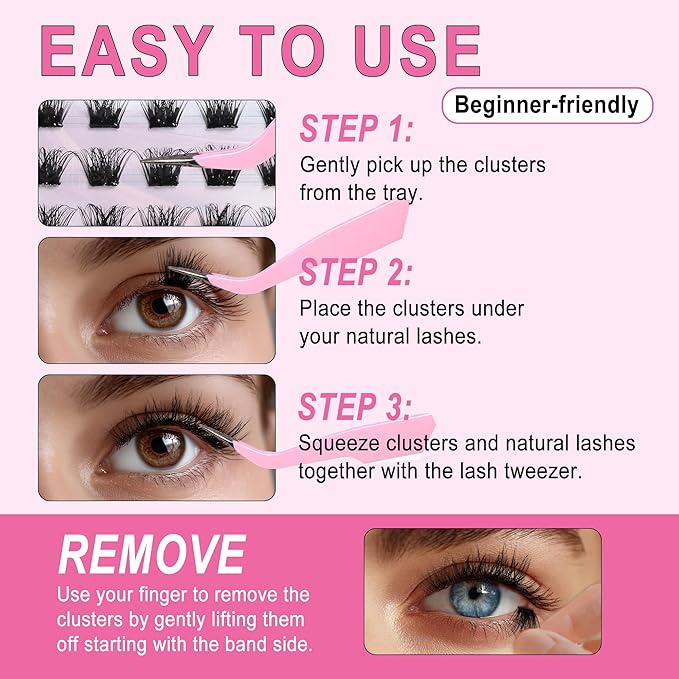 JoMay Self Adhesive Eyelashes, Press on Lashes No Glue Needed, Glueless Lashes Pre-Glued Natural Cluster Extension Kit D Curl For Beginners, No Sticky Residue 1 Step DIY 48PCS 10-16mm X04