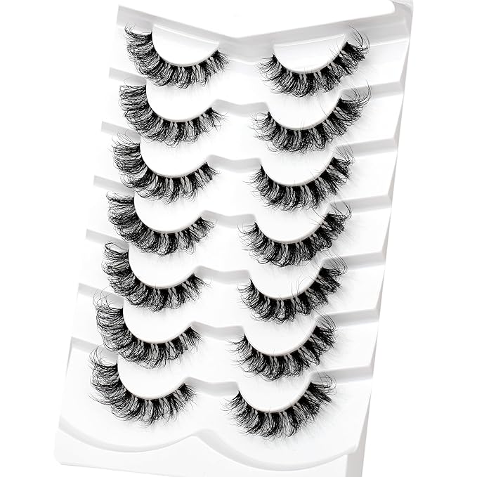 Pooplunch False Eyelash Cat Eye Wispy Lashes D-Curl Extension Volume Natural Wispies Short Clear-Band Fake Eyelashes Faux Mink Lashes Strips 7 Pairs Pack