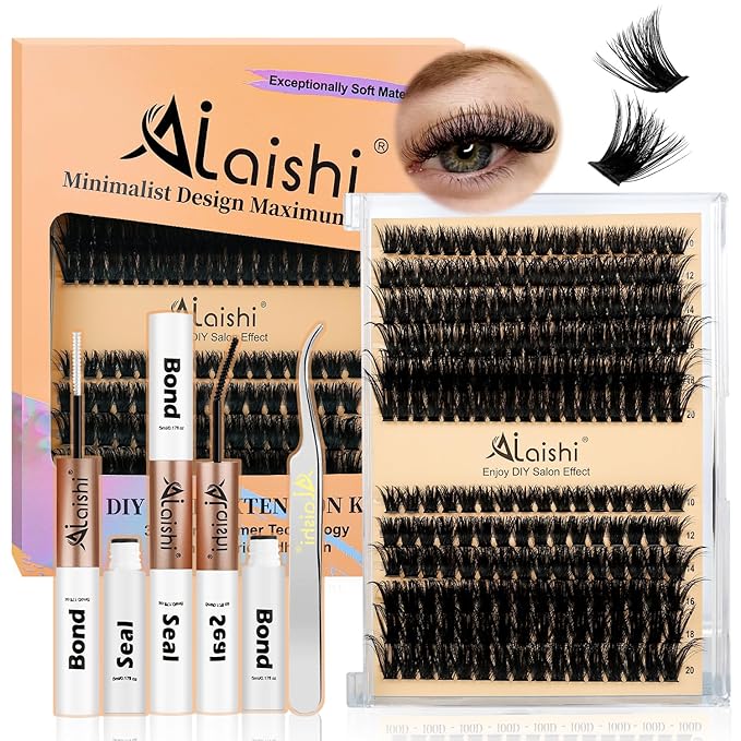 Lash Clusters Kit, DIY Cluster Eyelash Extensions 10‑20mm, 80D+100D, 216pcs Fluffy D Curl Natural Lashes with Bond & Seal,Tweezers–Fake Cat Eye Individual Clusters