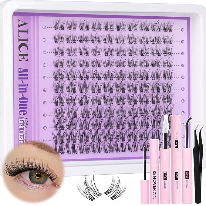 Clear Band Lash Clusters Kit Natural Wispy Lash Extensions Kit 10-14mm DIY Eyelash Extension Kit C-Curly Individual Lashes Kit with Lash Glue Lash Remover Self Application at Home by ALICE