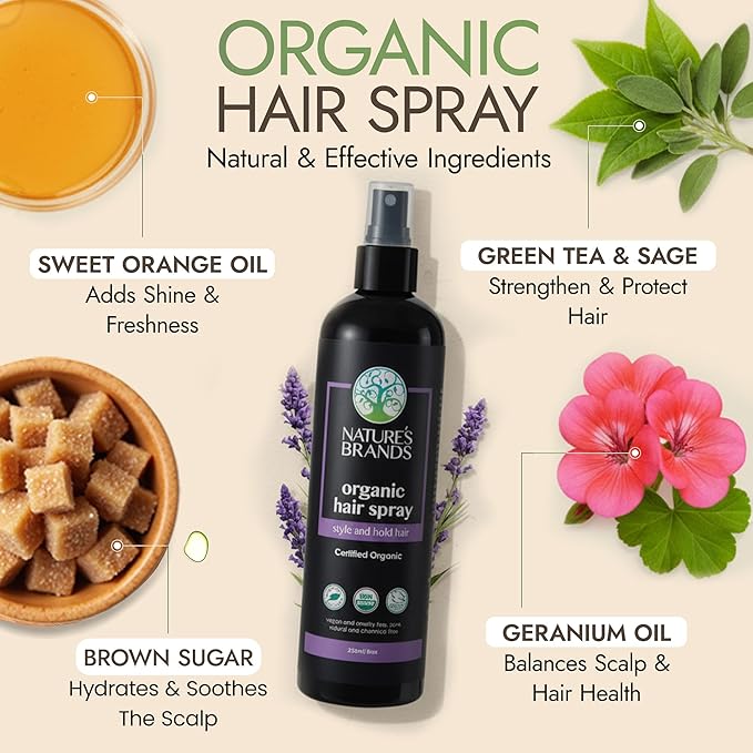 Nature's Brands Organic Hair Spray, 8 Oz - Biotin-Enriched Non Toxic Hairspray with Green Tea, Sage & Geranium Oil for Long-Lasting Hold, Shine, Frizz Control, and Volume Boost - Paraben-Free, Vegan