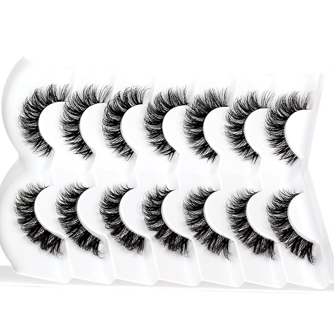 Pooplunch False Eyelashes Natural Clear-Band Cat Eye Look Extensions Volume Cluster Lash Wispy Short Fake Eyelashes Faux Mink Strip Lashes 7 Pairs Pack