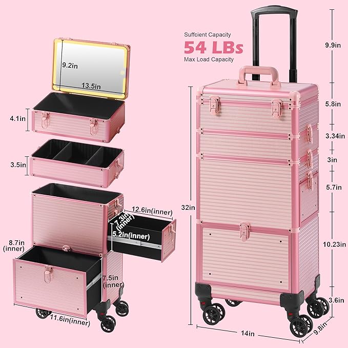 Makeup Train Case with LED Mirror, Rolling Makeup Case with Drawers, Cosmetology Case on Wheels, Gift, Travel Makeup Organizers, Profesional Cosmetic Case for Salon Barber,Nail, Tattoo, Pink