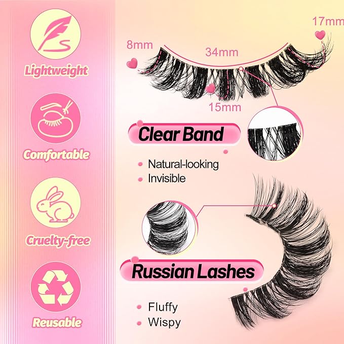 Ahrikiss Russian Lashes Clear Band False Eyelashes Wispy Natural Look, D Curl Fake Strip Eye Lashes Faux Mink Fluffy Eyelashes 10 Pairs Pack(R1)
