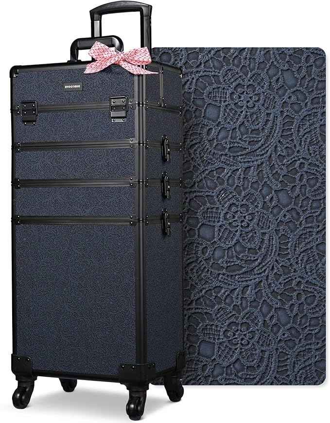 BYOOTIQUE 4in1 Professional Makeup Train Case Organizer on Wheels Cosmetology Rolling Travel Storage Nail Tech Cart Hairdressing Brush Bags Tattoo Box for Beauty Salon, Rococo Midnight