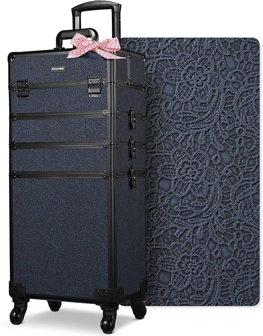 BYOOTIQUE 4in1 Professional Makeup Train Case Organizer on Wheels Cosmetology Rolling Travel Storage Nail Tech Cart Hairdressing Brush Bags Tattoo Box for Beauty Salon, Rococo Midnight