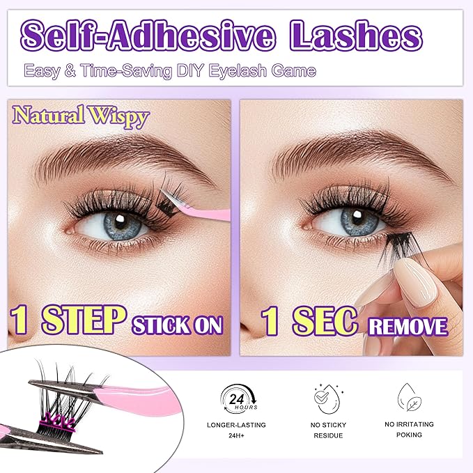 JoMay Self Adhesive Eyelashes, Press on Lashes No Glue Needed, Glueless Lashes Pre-Glued Natural Cluster Extension Kit D Curl For Beginners, No Sticky Residue 1 Step DIY 48PCS 10-16mm X02