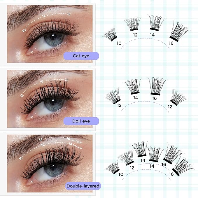 Self Adhesive Lashes 100pcs Natural Self Adhesive Eyelash Clusters Pre glued Lash Clusters No Glue Needed Lashes Wispy D+curly Cluster Eyelash extensions(R03)