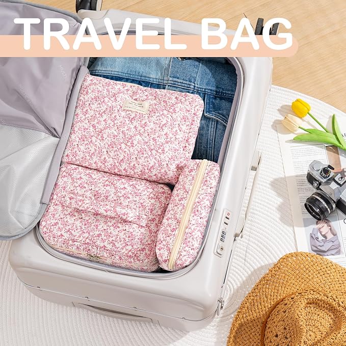 Makeup Bag for Women 3PCS Quilted Cotton Make Up Bag Travel Cosmetic Bag Large Makeup Bag Set Cute Makeups Organizer Floral Toiletry Pouch for Purse, Blush Bloom