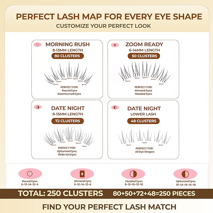 Natural Lash Clusters Pre Glued 250PCS Self Adhesive Individual Eyelashes No Glue Needed 4 Styles Upper Lower False Lashes Working Mom Extension Kit Tweezers