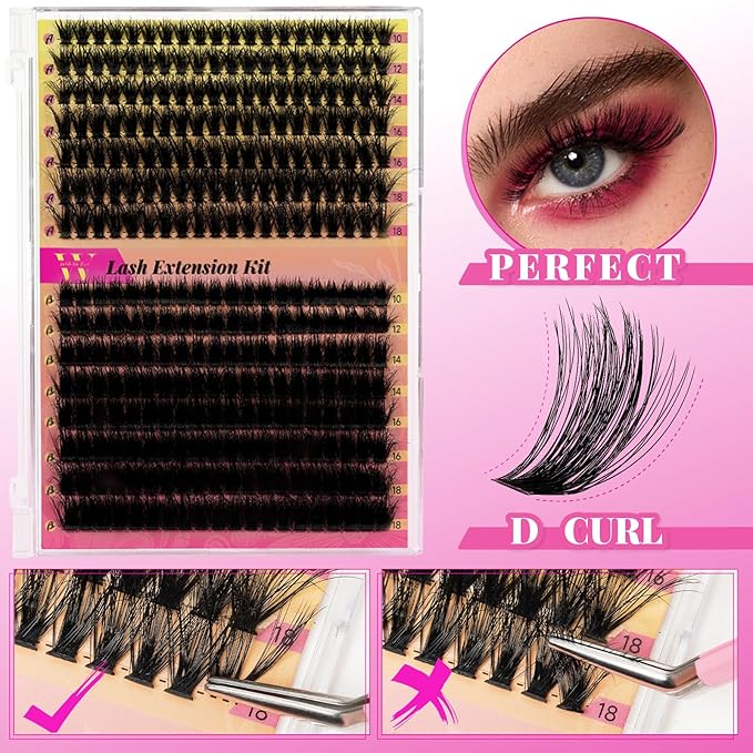 Lash Clusters Kit 300pcs 70D+90D DIY Individual Lashes Extension Kit Cluster Eyelash Extensions with Lashes Clusters Bond and Seal Eyelash Remover Lashes Applicator Tool at Home(D-Mix10-18mm)