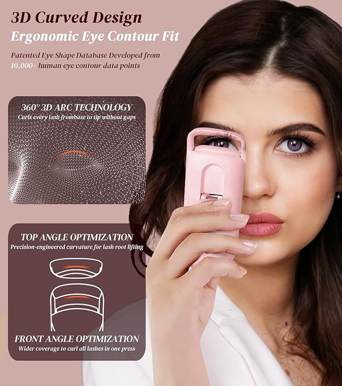 Heated Eyelash Curler, Eyelash Curlers with 10S Quick Heat-Up, 2 Temp Settings, 3S Styling & 24H Long-Lasting Natural Curl, Type-C Recharge, Mini Electric Eyelash Curler for Travel - Pink