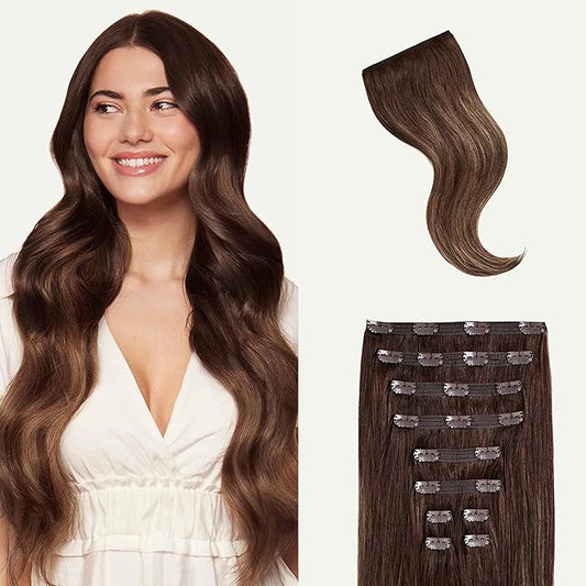 Luxy 100% Remy Human Hair, Classic 160g Clip-In Hair Extensions - 10 Wefts Multi-Dimensional Color for Natural Blending, Adds Volume & Length, Easy Apply & Remove 16" Chocolate Brown Balayage