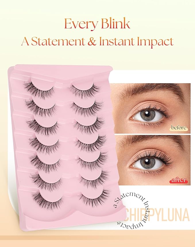 Lashes Cat Eye 15MM Wispy Eyelashes Natural Lash Strips with 0.1MM Thin Band C Curl False Lashes Pack Cat Eyelashes 3D Volume ChirpyLuna Natural Eyelash Pack, 7 Pair