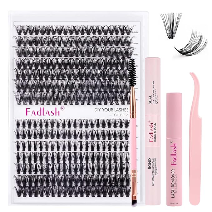 FADLASH DIY Lash Extension Kit Individual Lashes Cluster D Curl Eyelash Extension Kit D Curl Lash Clusters Lash Applicator Tool for Self Application at Home(KIT 40D+50D-D-12-18mm)
