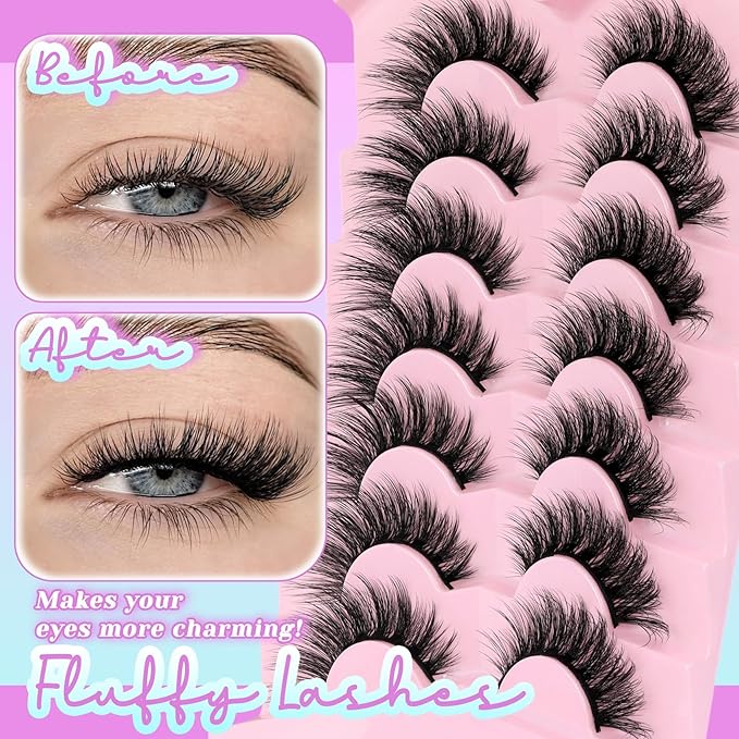 Losha Lashes Wispy False Eyelashes C Curl Cat Eye Lashes Natural Look 7 Pairs Lashes Strips 9-18mm Fluffy Fake Eyelashes with Soft Touch (FC02)