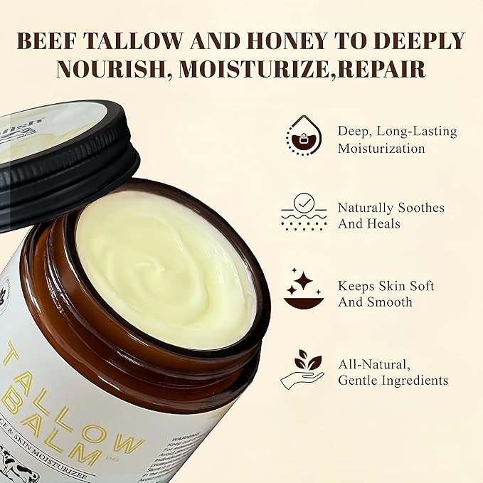 Beef Tallow for Skin, Tallow and Honey Balm, 5 Oz,Tallow Face Moisturizer, Organic Grass Fed Beef Tallow for Face - Sensitive Dry Skin Repair, Deeply Nourishing, Fragrance Free