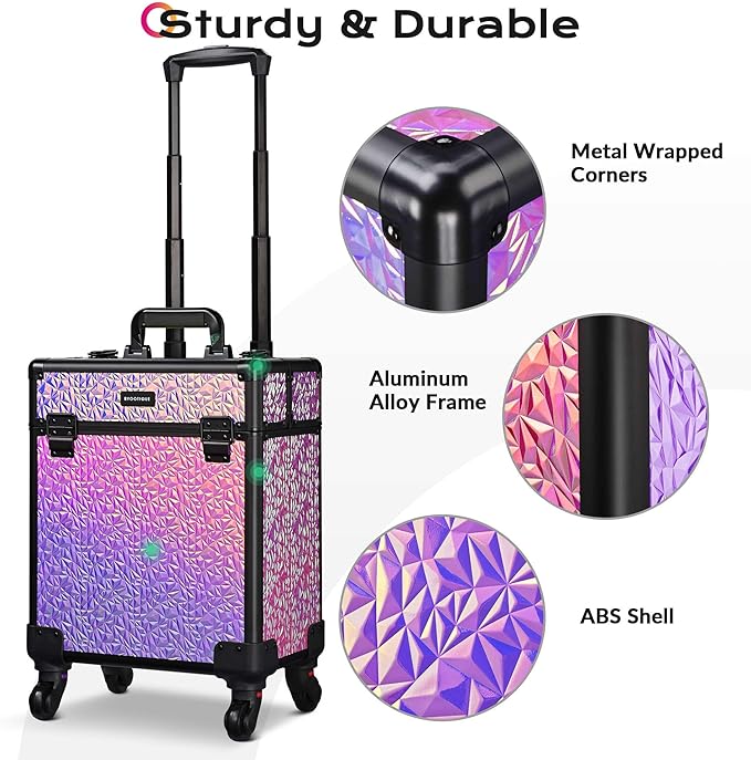 BYOOTIQUE Rolling Cosmetology Case on Wheels Hairdressing Brush Bags Lash Storage Box Cosmetic Organizer for Makeup Artist Beauty Salon Nail Technician Hairstylist,Mermaid Pink