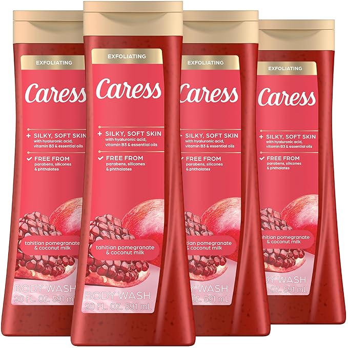 Caress Body Wash for Women, Tahitian Pomegranate & Coconut Milk, Exfoliating Shower Gel for Renewed, Glowing Skin, 20 fl oz, 4 Pack