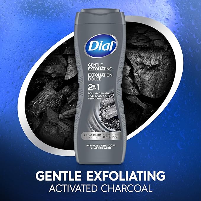 Dial Men 2 in 1 Body and Face Wash, Activated Charcoal, 16 Fl Oz, Pack of 4, Gentle Exfoliating Body Wash with Clean Rinse Technology