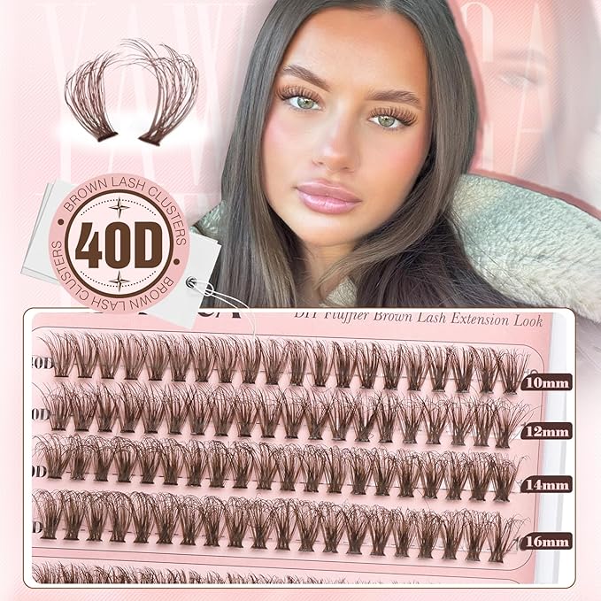 Yawamica Brown Lash Clusters Kit Fluffy Eyelash Extension Kit 40D 50D 70D Volume Eyelash Clusters 10-16mm Individual Lashes D Curly Cluster Lashes DIY Lash Extension Kit with Bond and Seal Tweezers