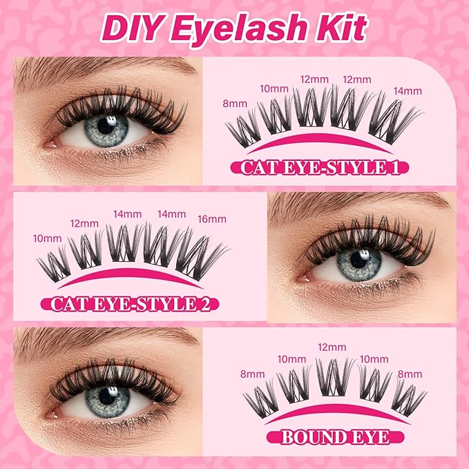 PROLASHBEAUTY Flora Lash Clusters Kit with Lash Bond and Seal Eyelash Applictor Lash Remover DIY Lash Extension Kit for Beginner Waterproof Resuable Eyelash Extensions at Home (Flora,8-18mix)