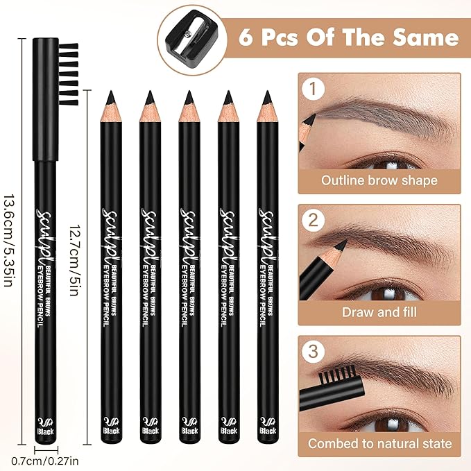 6Pcs Eyebrow pencil wooden，Brow Kit with Brush and Sharpener，Eyebrow Pencils for Women，Fine Tip Eye Brow Eye Liner for Eye Makeup,Shapes, Defines, Fills Brows (Blackest Black-06)