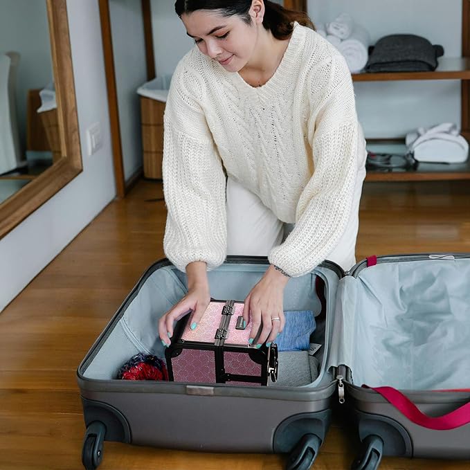 BYOOTIQUE Makeup Train Case with Mirror Small Travel Cosmetic Bag Cosmetology 2-Tier Trays Jewelry Organizer with Lock for Nail Tech Artist Beauty Salon Barbershop,Blush ForgetMeNot