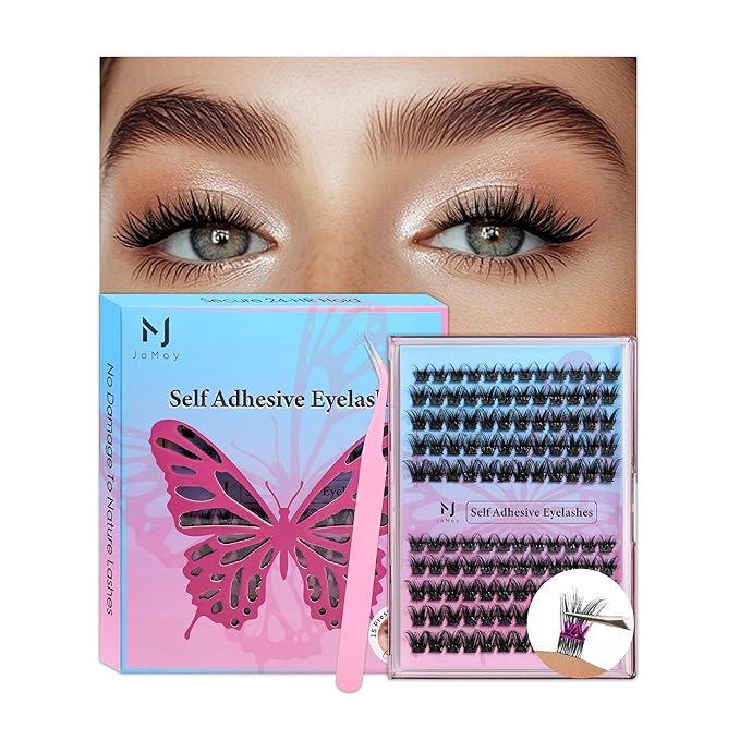JoMay Self Adhesive Eyelashes, Press on Lashes No Glue Needed, Glueless Lashes Pre-Glued Natural Cluster Extension Kit D Curl For Beginners, No Sticky Residue 1 Step DIY 48PCS 10-16mm X5