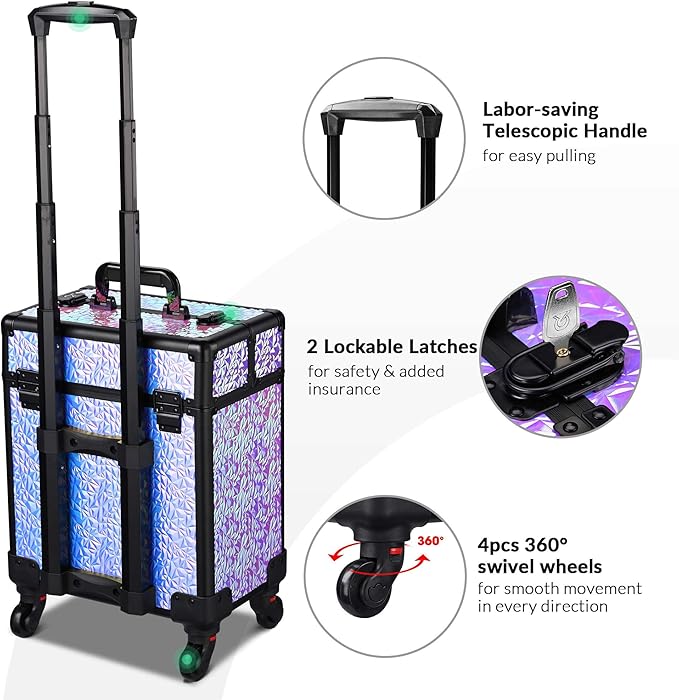BYOOTIQUE Rolling Makeup Case on wheels Nail Traveling Organizer box False Eyelash Storage for Nail Technician Beauty Salon Barbershop Hairstylist,Mermaid Purple