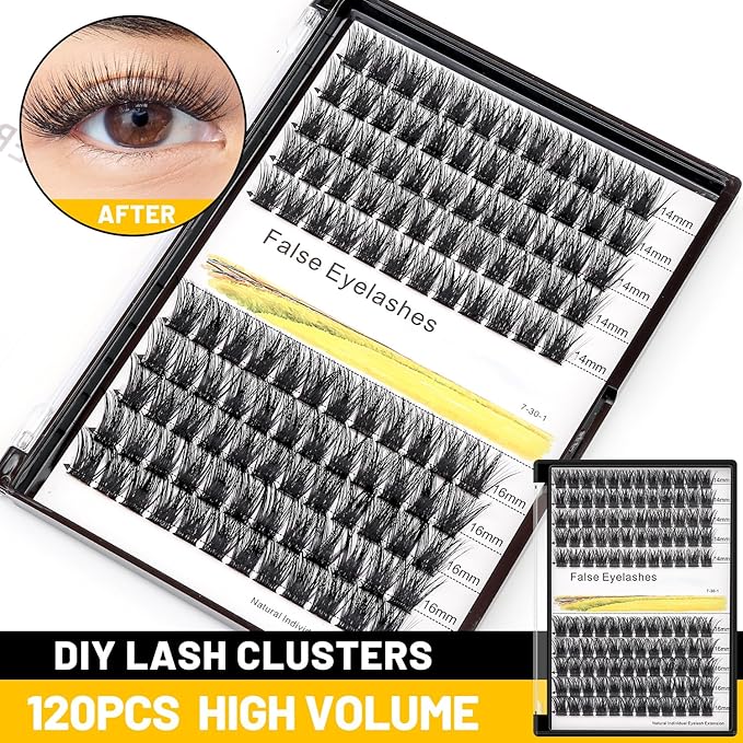 Bodermincer 120 Clusters 10mm+12mm/12mm+14mm/14mm+16mm Mixed Wide Cluster False Eyelash Individual Cluster EyeLashes Grafting Fake False Eyelashes Eyelash Extension (KIT M01 Black 14mm+16mm Mixed)