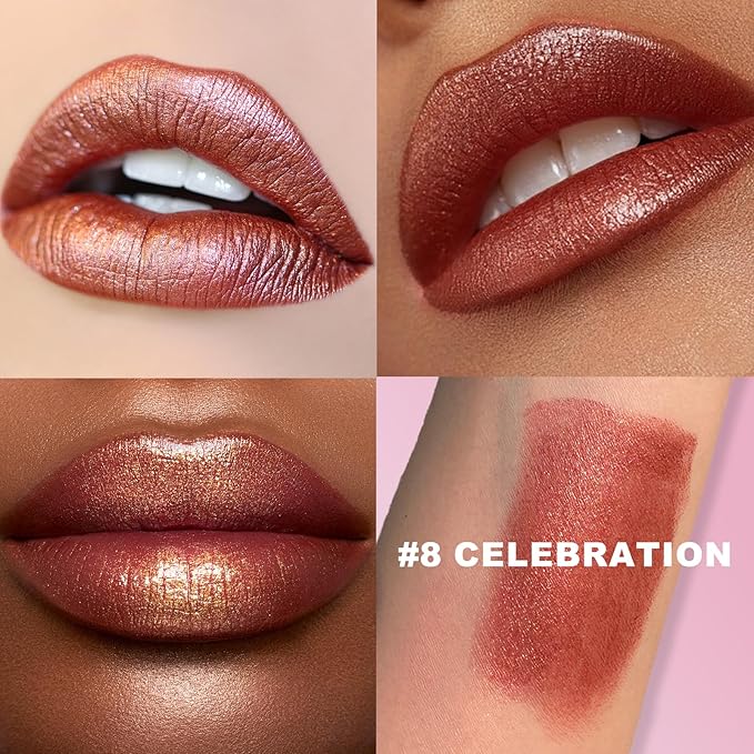 Glitter Lipstick Metallic Lip Stick Long Lasting Waterproof High Shine Diamond Creamy Shimmer Lipstick for Women Transfer Proof Full Coverage Sparkling Brown Red Lip Crayon Color Makeup, 8