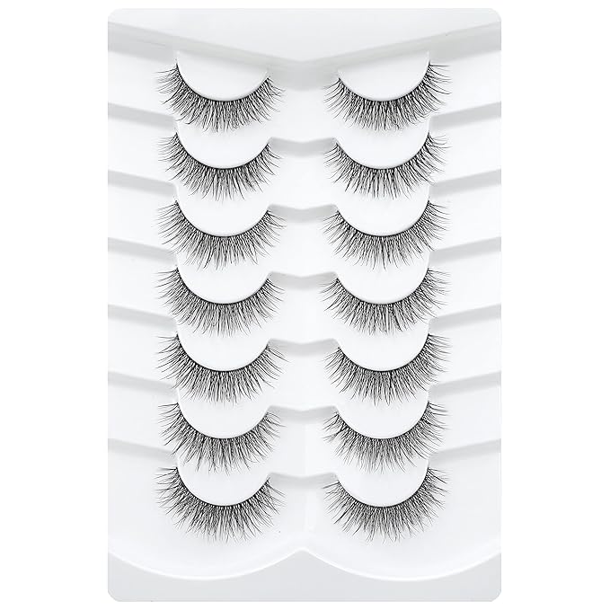 3D Clear Band False EyeLashes Natural Look Cat Eye Wispy Fake lashes Short Supernatural Cross Soft Reusable Lashes 7 Pairs-Happy Heartbeat(No.201)