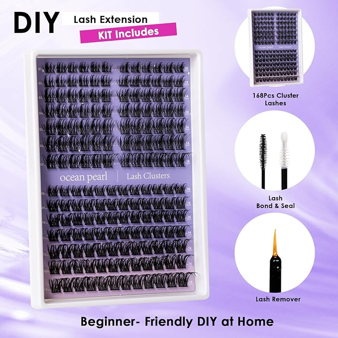 Ocean Pearl Lash Clusters Kit 168pcs,Eyelashes,spike-effect cluster lashes,10-18mm manga/anime-inspired lashes clusters,DIY Cluster Eyelash Extensions kit with lash bond+seal+remover+tweezers-M37+M30