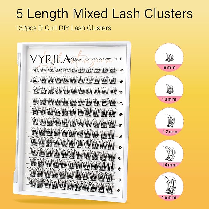 Lash Clusters 8-16mm, False Eyelashes 132pcs, Cluster Eyelash Extensions Matte Black Soft, Diy Lash Extensions D Curl Natural Lash Clusters Faux Mink Lashes Wispy（Pure,132pcs,0.07,D,8-16MIX)