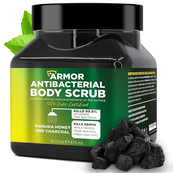 Exfoliating Body Scrub with Antibacterial Formula | Body Scrub Kills 99.9% of Germs & Bacteria | Manuka Honey & Charcoal | Deep Cleansing & Purifying for Smooth, Fresh, Healthy Skin | 16 fl oz Jar