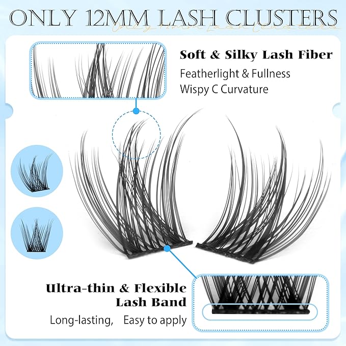 12mm Wispy Lash Clusters Natural Cluster Eyelash Extensions DIY Individual Lashes C Curvature Eyelash Clusters for Daily Wear with Soft Lash Band