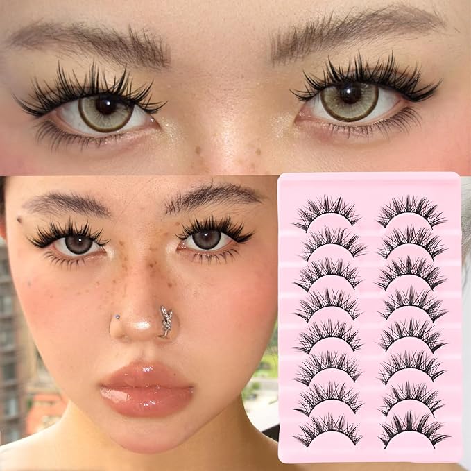 Veleasha Manga Eyelashes Spiky Eye Lashes Cat Eye Lashes Anime Lash Crisscross 100% Handmade 8D Doll Lash Natural Look Soft Wispy Fake Eyelashes 8 Pairs (Pomelo)
