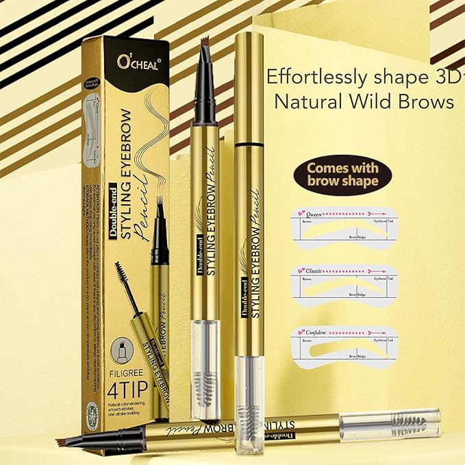 O'CHEAL Double-end Styling Eyebrow Pen and Eyebrow Gel with 3 eyebrow cards, 2-in-1 Eyebrow Pencils for Women with 4-Fork-Tip & Clear Brow Gel, Eyebrow Makeup 05#BLACK
