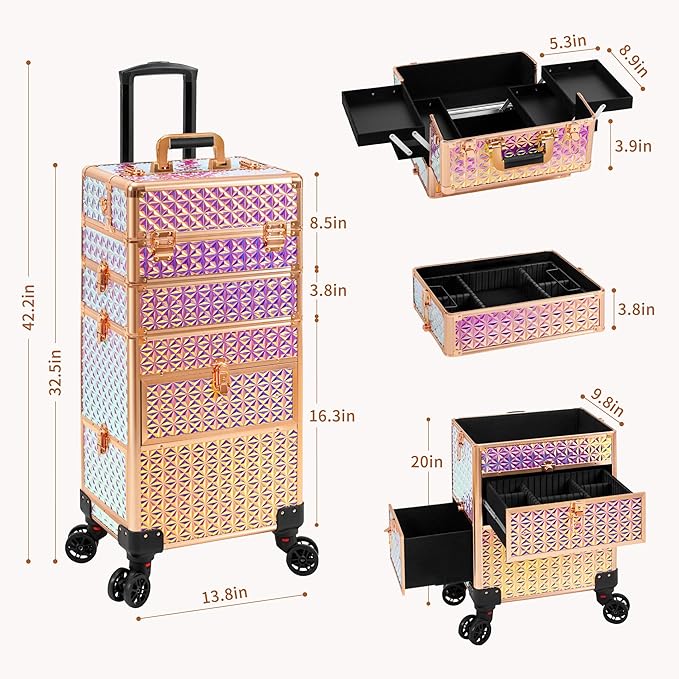 AROUS Rolling Makeup Train Case with 3 Drawers, Cosmetology Case on Wheels Nail Trolley Cart Salon Station Organizer Cases for Nail Tech, Face Painting,Hairstylist, Makeup Artist, Colorful
