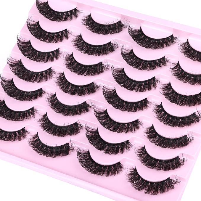 False Eyelashes Volume Russian Strip Lashes D-Curly Fake Eyelashes Extension Wispy Cat Eye Lashes Handmade Soft Reusable 14 Pairs Lashes Pack