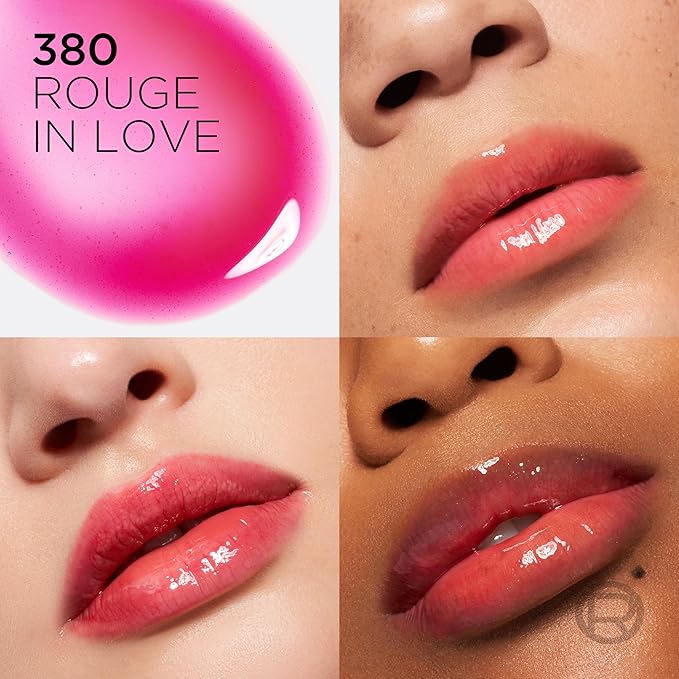 L'Oreal Paris Plump Ambition Hyaluron Lip Oil, 24 HR Lip Gloss with Hyaluronic Acid, Volumizing Formula with Glass-Like Shine, Rouge In Love 380, 0.16 Fl Oz