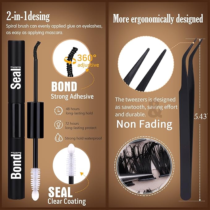 Geeneiya Volume Lash Clusters Kit DIY Lash Extension Kit D Curl Eyelash Extensions with Waterproof Lash Bond and Seal Waterproof Tweezers,10-16MM Cluster Lashes 300Pcs