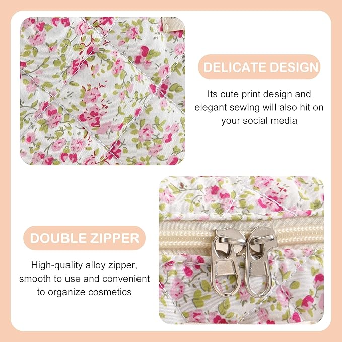Makeup Bag for Women 3PCS Quilted Cotton Make Up Bag Travel Cosmetic Bag Large Makeup Bag Set Cute Makeups Organizer Floral Toiletry Pouch for Purse, Spring Meadow