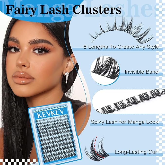 KEVKEV Fairy Lash Clusters 120pcs Manga Lash Clusters Natural Wispy Eyelash Clusters Ultra-Thin Band Anime Spiky Lashes DIY Lash Extensions (Fairy04, 8-18mix)