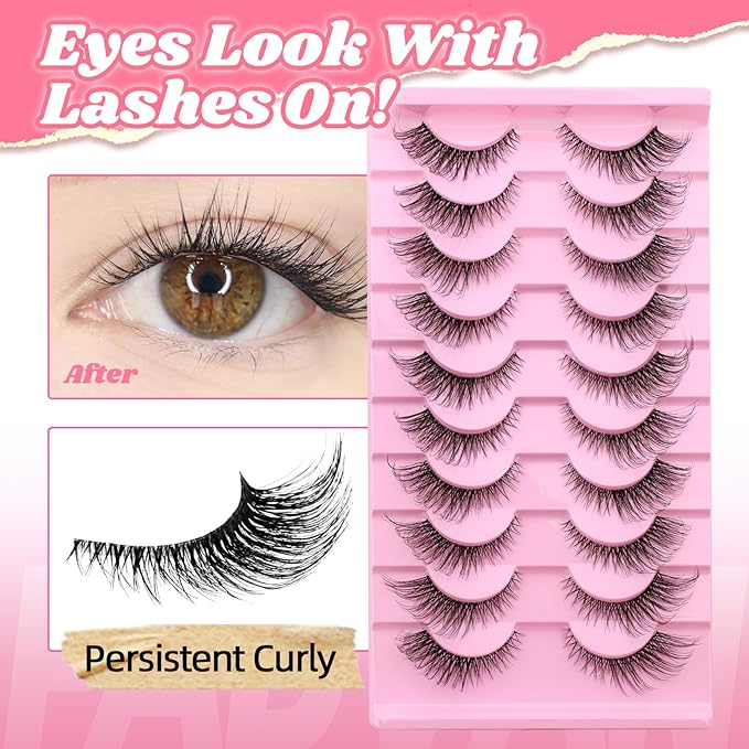 FADVAN 10 Pairs Natural Cat Eye Lashes Wispy False Eyelashes Thin Cotton Band Soft Mink Lashes Natural Flared Eyelashes