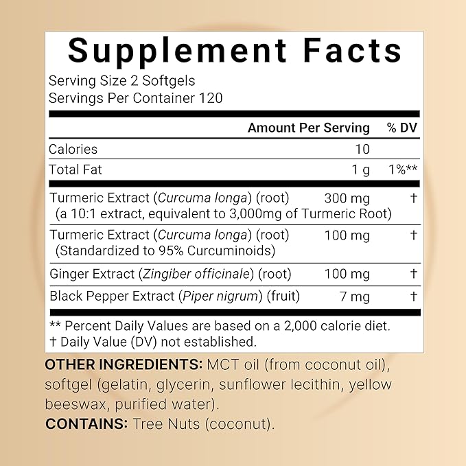 Turmeric Curcumin Supplement 3,000mg Equivalent with 95% Curcuminoids, Ginger, & Black Pepper | 240 Softgels with MCT Oil for Better Absorption (120 Day Supply)